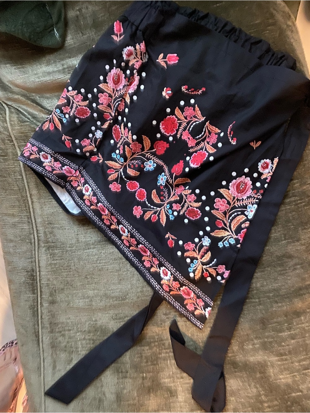 Black Embroidered Floral Mini Skirt